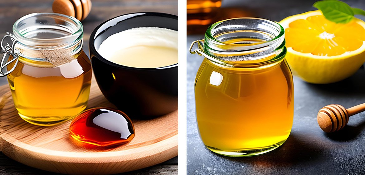 zwei Stillleben mit Glasgefäßen mit Manuka-Honig & halbierten Zitronen